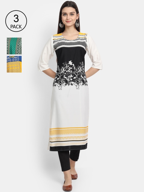 

Ethnic basket Women Pack OF 3 Floral Printed Crepe Kurta, White