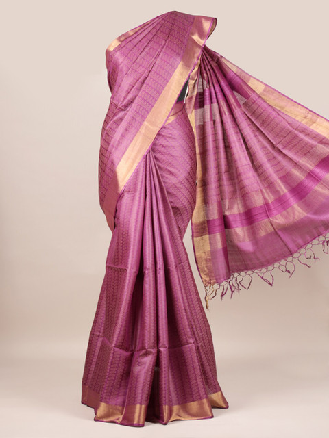 

Pothys Violet & Beige Pure Silk Printed Tussar Saree