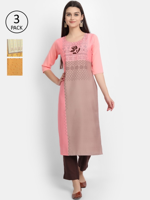 

Ethnic basket Women Pack Of 3 Geometric Printed Crepe Kurta, Pink