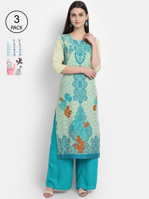 Ethnic basket Women Pack Of 3 Multicoloured Floral Printed Crepe Kurta, Multi