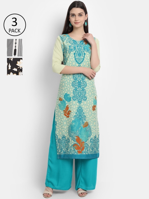 

Ethnic basket Women Pack Of 3 Ethnic Motifs Printed Crepe Kurta, Blue