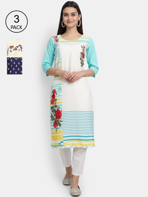 

Ethnic basket Women Pack Of 3 Printed Floral Crepe Kurtas, White