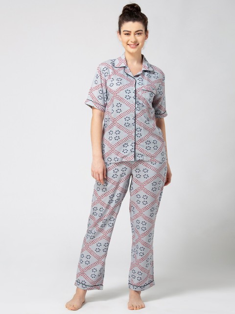 

ADORENITE Women Grey & Blue Printed Night suit