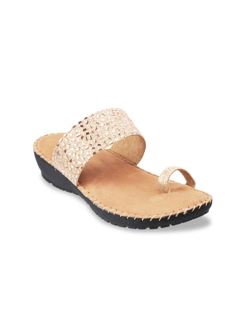

WALKWAY Women Gold-Toned Ethnic Embellished One-Toe Comfort Heels
