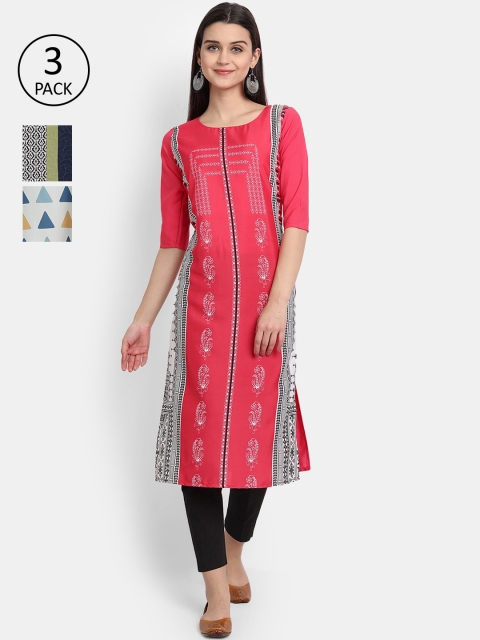 

Ethnic basket Women Pack of 3 Multicoloured Ethnic Motifs Printed Crepe Kurta, Multi