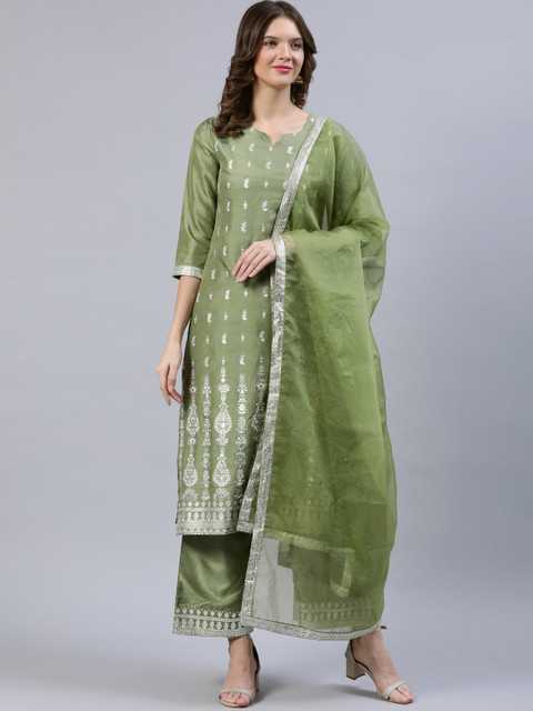 

Nayo Women Olive Green & Silver Foil Printed Kurta With Palazzo & Organza Dupatta