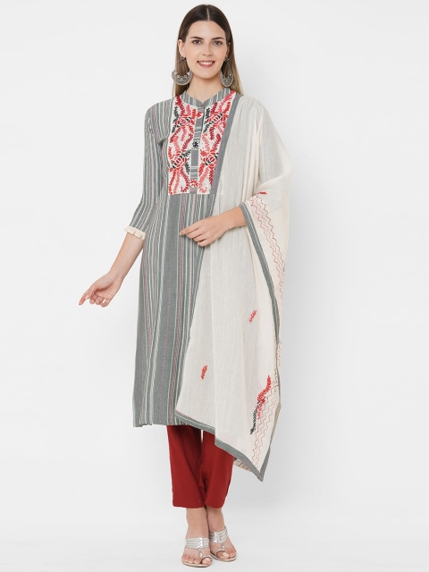 

FASHOR Women Grey & Red Yoke Embroidered & Striped Straight Kurta with Dupatta