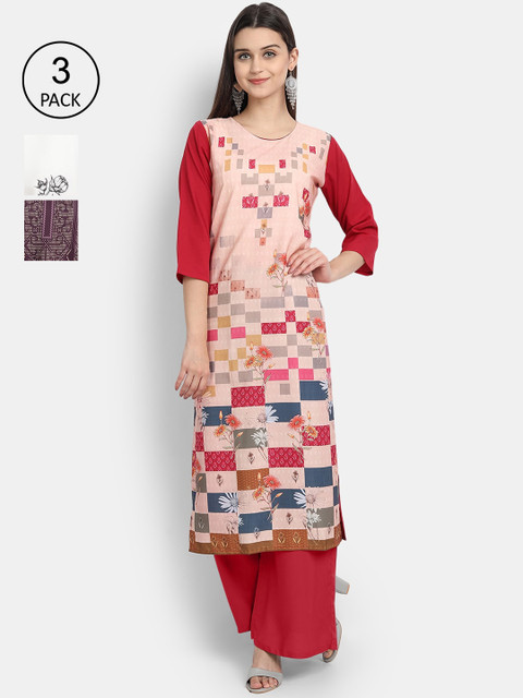 

Ethnic basket Women Pack Of 3 Multicoloured Floral Printed Crepe Kurta, Multi