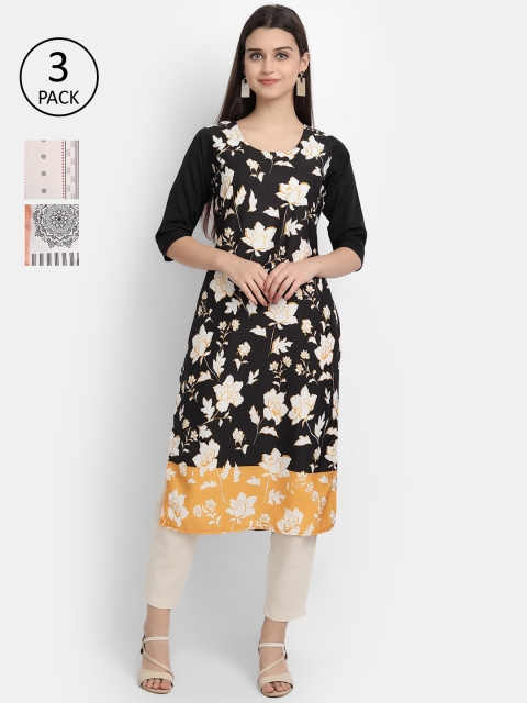 

Ethnic basket Women Pack of 3 Ethnic Motifs Printed Regular Sleeves Thread Kurta, Black