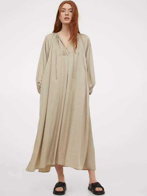 

H&M Women Beige Solid Calf-Length Dress