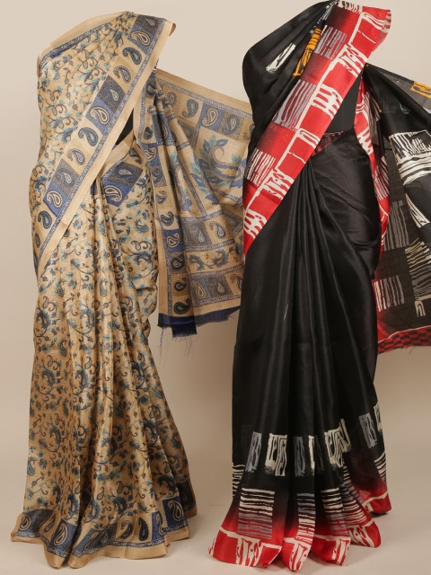 

Pothys Tan & Black Pack of 2 Jute Silk Printed Saree