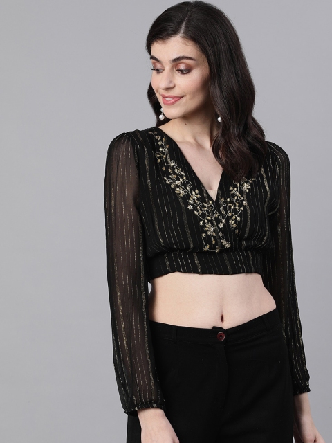 

Ishin DESIGNER STUDIO Black & Gold-Toned Embellished Striped Blouson Crop Top