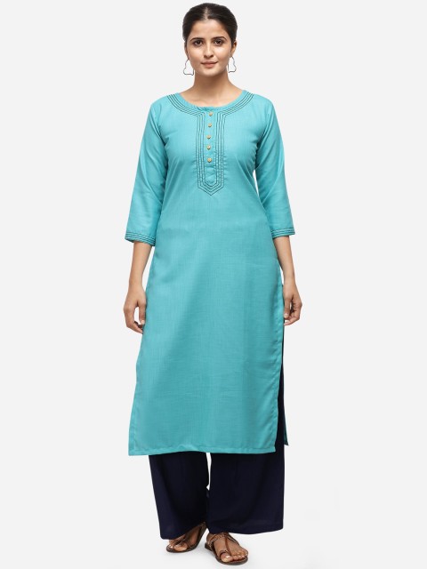 

Florence Women Turquoise Blue Regular Straight Thread Work Kurta with Palazzos