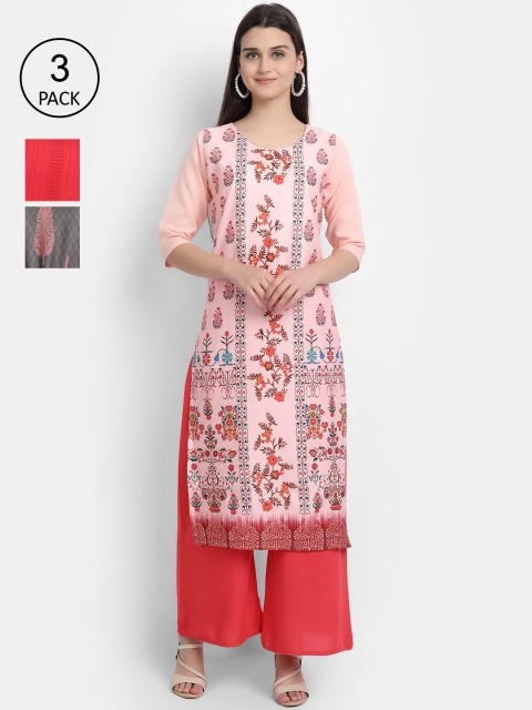 

Ethnic basket Women Pack Of 3 Multicoloured Floral Printed Crepe Kurta, Multi