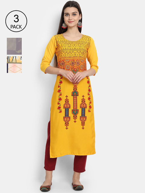 

Ethnic basket Women Pack Of 3 Multicoloured Ethnic Motifs Crepe Kurta, Multi