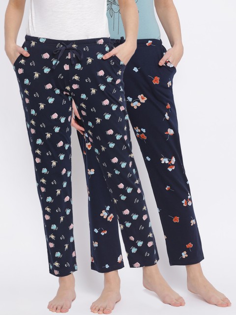 

Kanvin Women Pack of 2 Printed Pure Cotton Lounge Pants, Navy blue