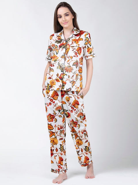 

ADORENITE Women White & Red Printed Night suit