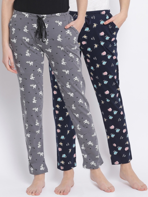 

Kanvin Women Pack Of 2 Printed Pure Cotton Lounge Pants, Navy blue
