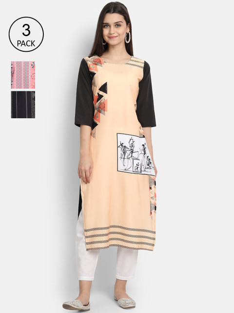 

Ethnic basket Women Pack Of 3 Ethnic Motifs Printed Crepe Kurta, Peach