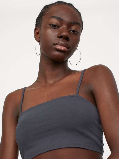 

H&M Women Grey Solid Jersey Cropped Top