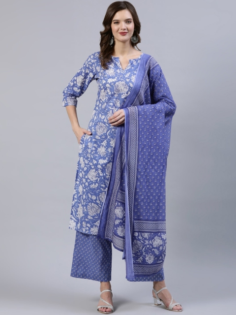 

Nayo Women Purple & White Straight Screen Floral Print Pure Cotton Kurta & Palazzos