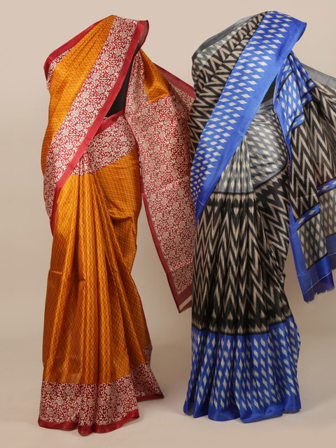 

Pothys Mustard & Multicoloured Set of 2 Jute Silk Printed Saree