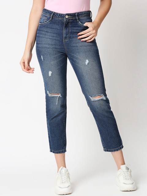 

Kraus Jeans Women Blue Straight Fit High-Rise Mildly Distressed Light Fade Jeans