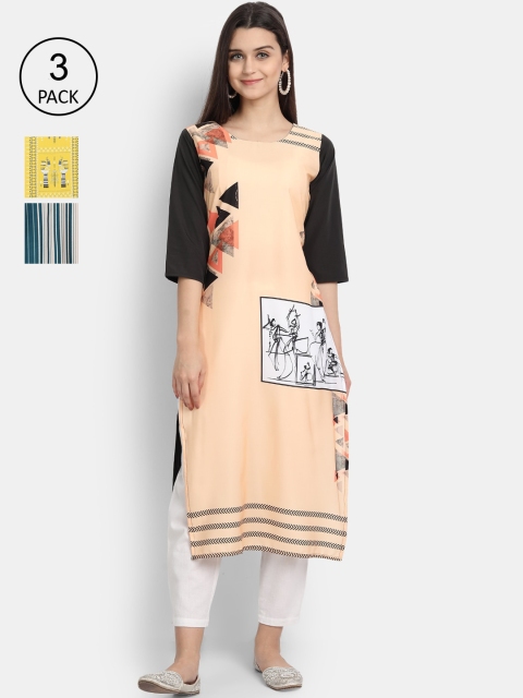 

Ethnic basket Women Pack Of 3 Geometric Printed Crepe Kurtas, Peach