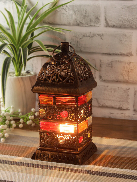 

Aapno Rajasthan Brown & Red Gun Metal Lattice Design Tea Light Holder With Color Stones