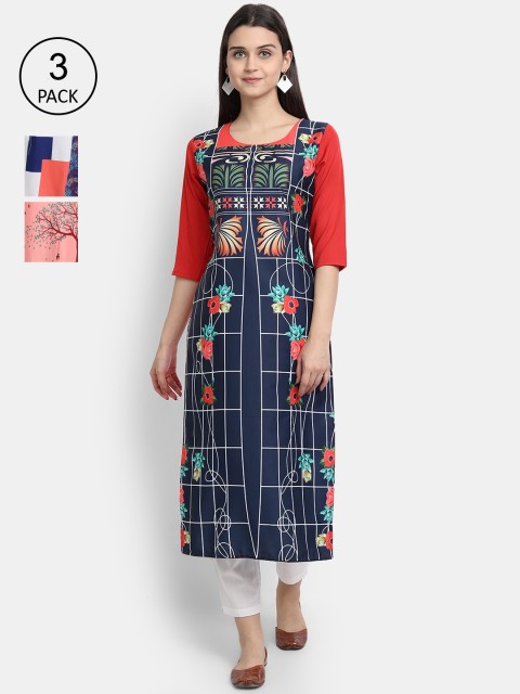 

Ethnic basket Women Pack Of 3 Ethnic Motifs Printed Crepe Kurta, Navy blue