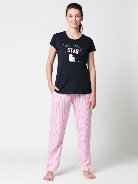 

Zeyo Women Navy Blue & Pink Printed Night suit