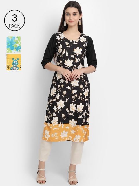 

Ethnic basket Women Pack Of 3 Floral Printed Crepe Kurta, Black