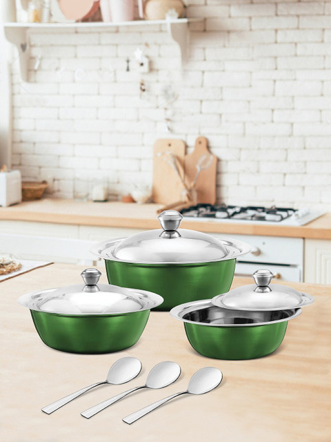 

Jensons Set Of 3 Green & Silver-Toned Stainless Steel Handi With 3 Serving Spoons