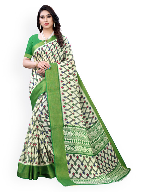 

KALINI Cream-Coloured & Green Printed Polycotton Saree