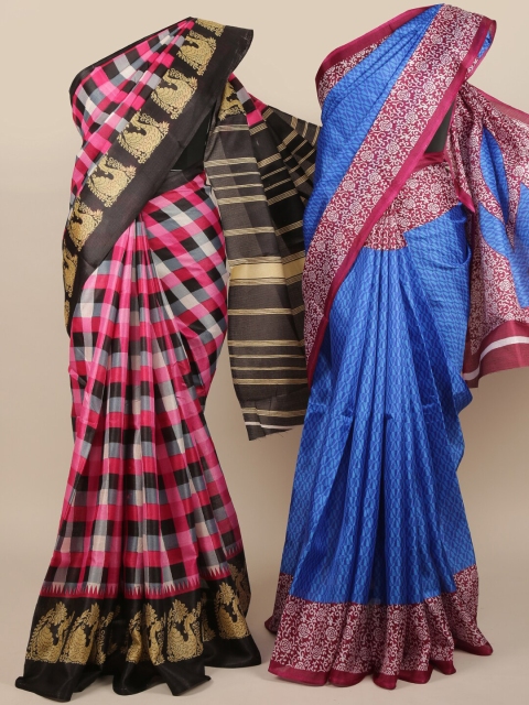 

Pothys Pack Of 2 Jute Silk Checked Sarees, Black
