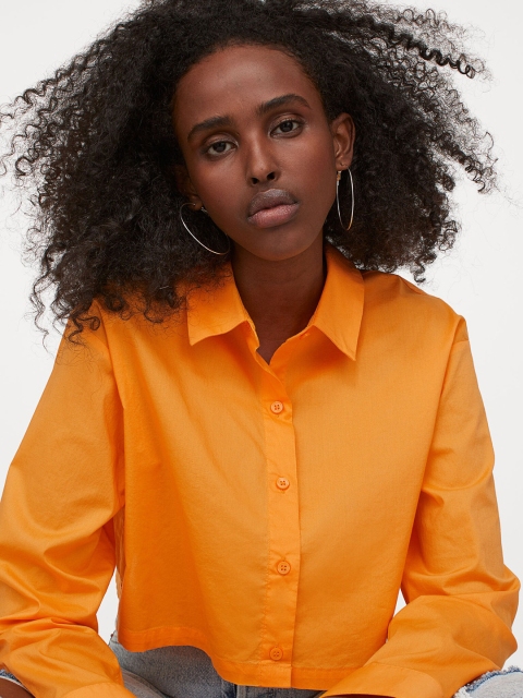 

H&M Women Yellow Solid Cropped Cotton Shirt