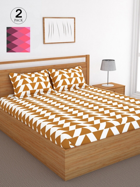

Bedspun Yellow & Pink Geometric 120 TC Cotton 2 Queen Bedsheet with 4 Pillow Covers