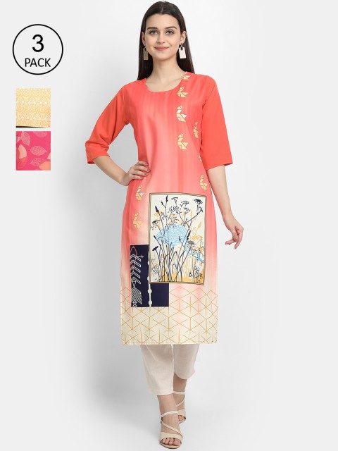 

Ethnic basket Women Pack Of 3 Ethnic Motifs Printed Crepe Kurta, Pink