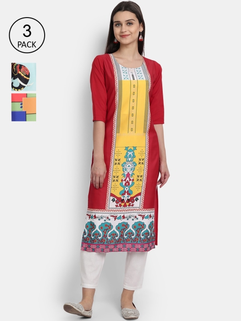 

Ethnic basket Women Pack Of 3 Ethnic Motifs Printed Crepe Kurta, Red