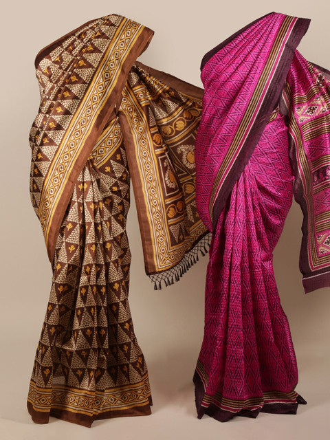 

Pothys Pack of 2 Brown & Pink Jute Silk Printed Saree