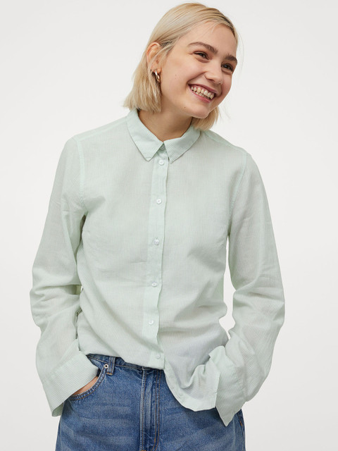 

H&M Women Mint Green & White Striped Cotton Shirt