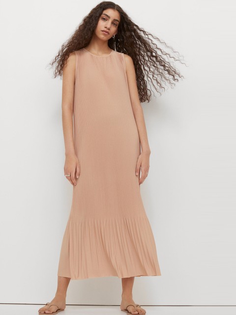 

H&M Women Beige Solid Pleated Maxi Dress