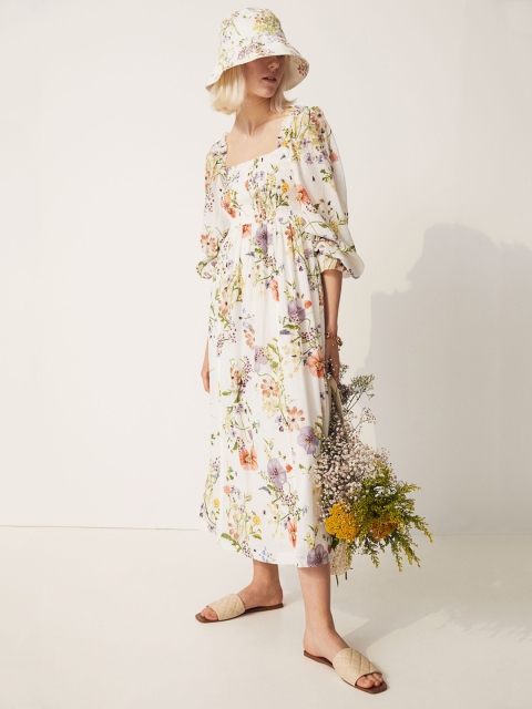 

H&M Women Multicoloured Printed Organic Cotton Smocking-Detail Dress, Multi