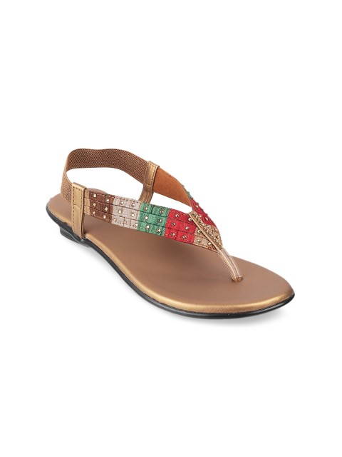 

WALKWAY Women Gold Colourblocked Embellished Open Toe Flats