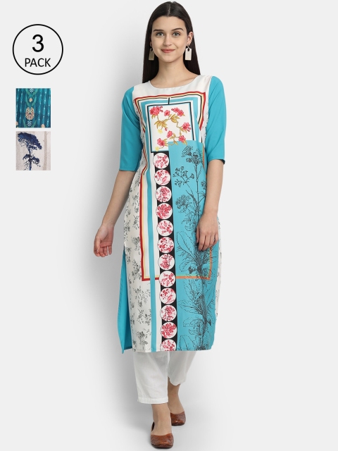 

Ethnic basket Women Pack Of 3 Ethnic Motifs Printed Crepe Kurtas, Blue