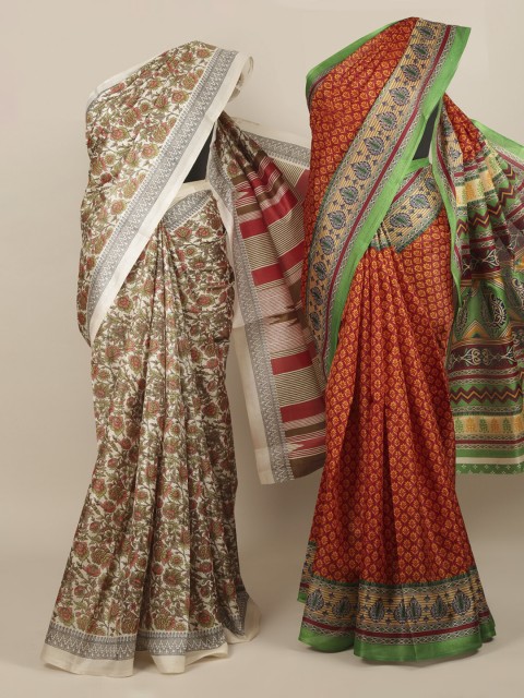 

Pothys Pack of 2 Cream-Coloured & Red Jute Silk Printed Saree