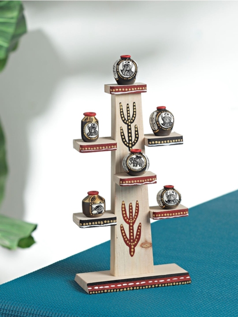 

Aapno Rajasthan Beige & Red Handcrafted Tree Stand With Miniature Pots