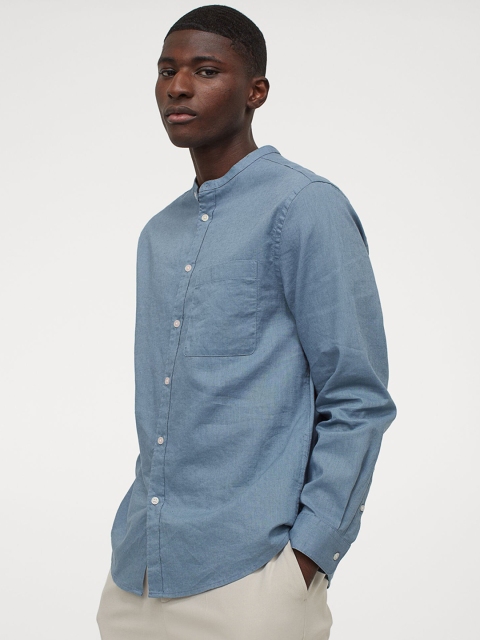 

H&M Men Blue Solid Grandad Shirt Regular Fit