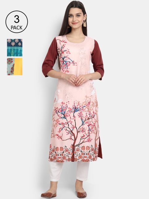 

Ethnic basket Women Pack Of 3 Floral Printed Crepe Kurta, Pink