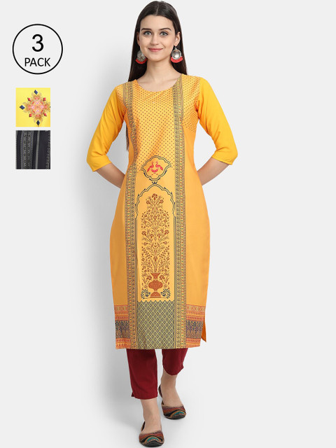 

Ethnic basket Women Pack Of 3 Geometric Printed Crepe Kurta, Yellow